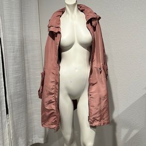 pink blush long raincoat, detachable hood. never worn. size XL